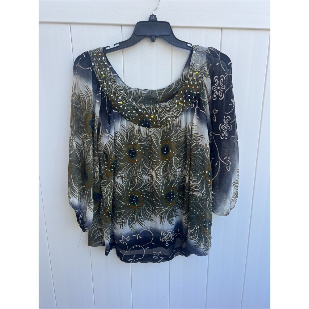 JMD Signature Vintage Blouse Embellished Peacock Print Womens 1X Lined